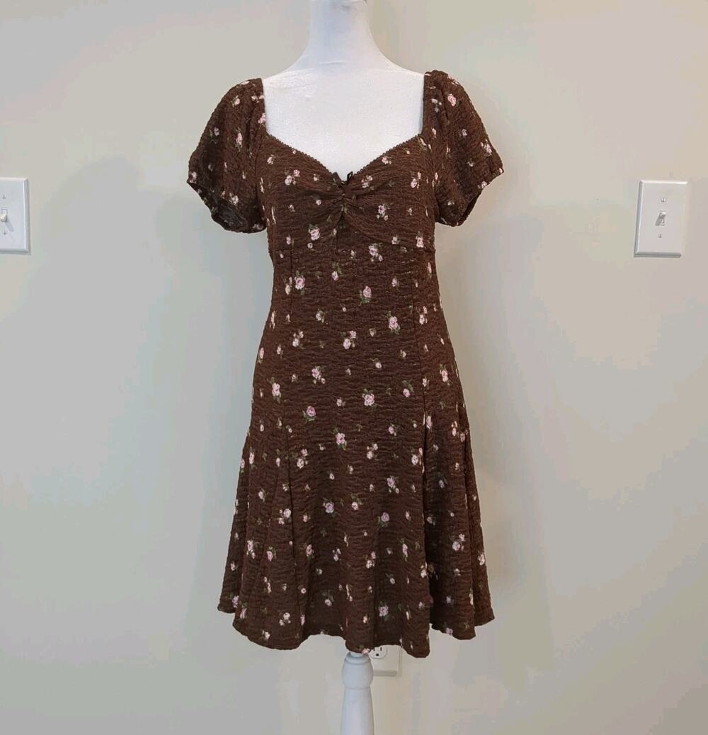 Inspired Hearts Brown Floral Puff Sleeve Mini Dress Cottagecore Size L